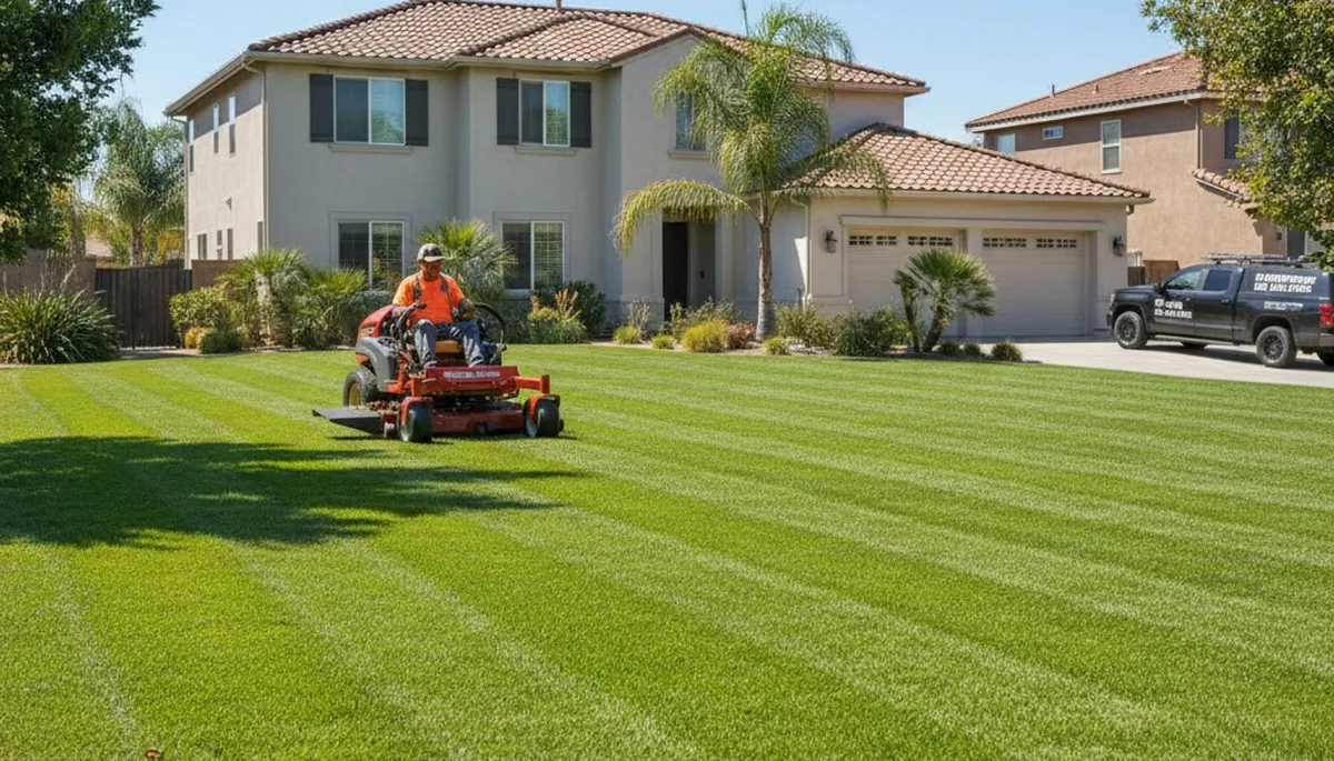 Commercial mower creating precise striped lawn patterns in Escondido, CA by Chop Chop Landscaping