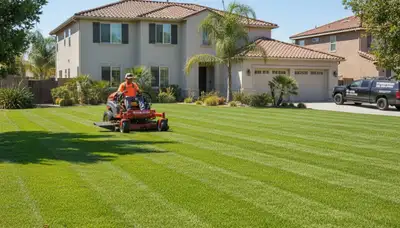 Commercial mower creating precise striped lawn patterns in Escondido, CA by Chop Chop Landscaping