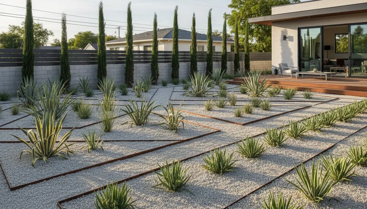 Modern pea gravel landscape with geometric design and drought-tolerant plants in Escondido, CA