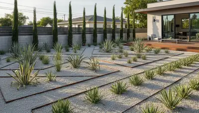 Modern pea gravel landscape with geometric design and drought-tolerant plants in Escondido, CA