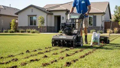 Professional core aeration lawn treatment in Escondido, CA improving turf health with soil plugs visible