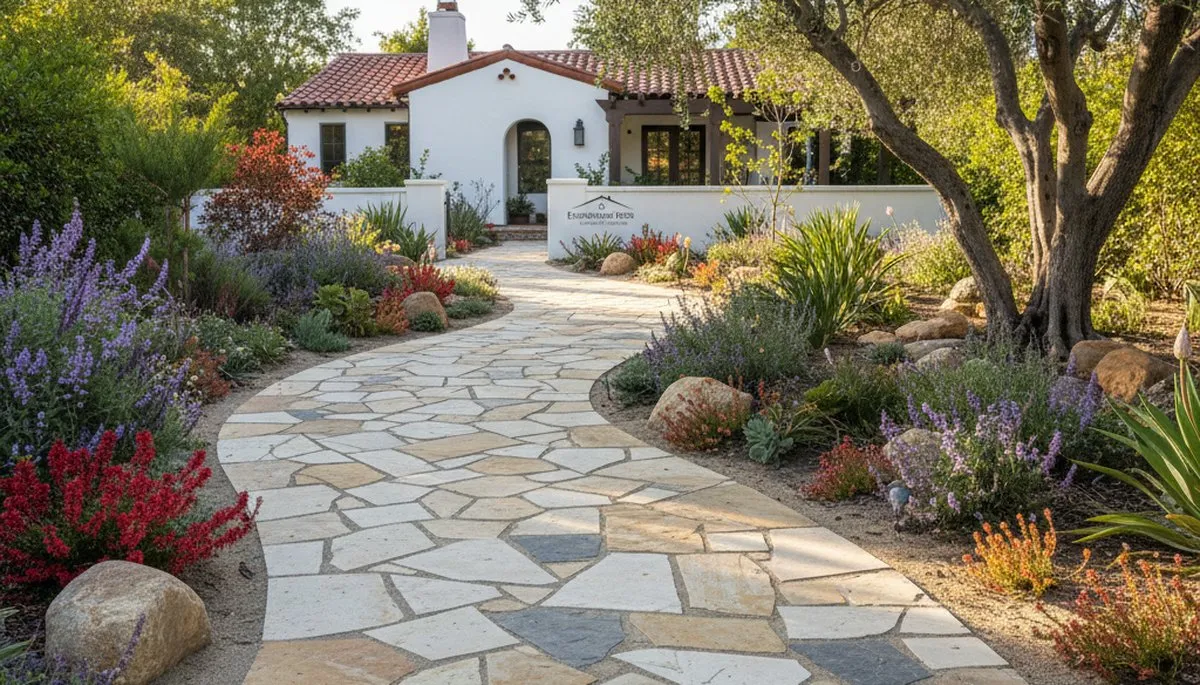 Curved stone paver pathway in residential garden by professional landscapers in Escondido, CA