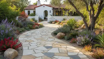 Curved stone paver pathway in residential garden by professional landscapers in Escondido, CA