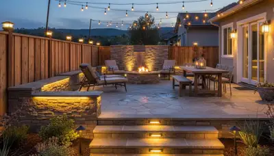Illuminated deck and patio with step and post cap lights by Chop Chop Landscaping in Escondido, CA