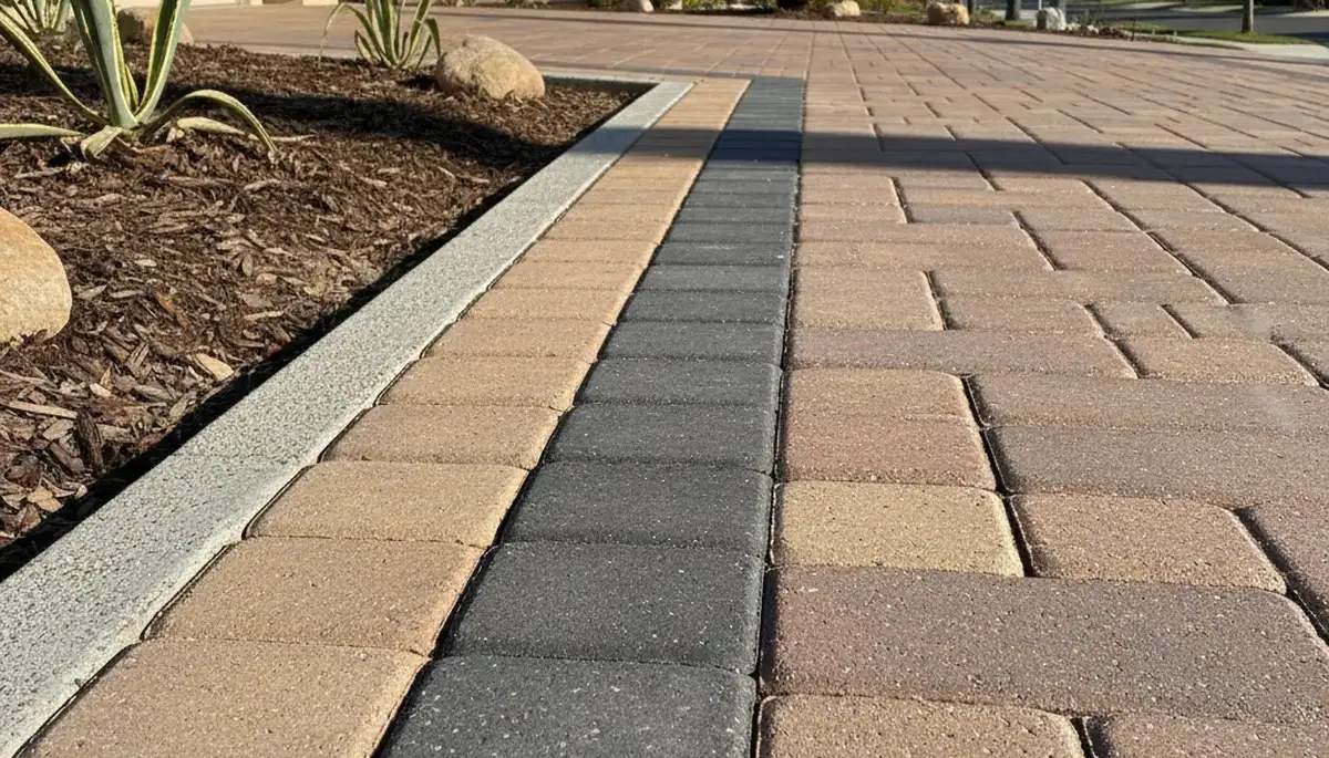 Professional paver border and edging with contrasting colors on Escondido CA driveway landscaping