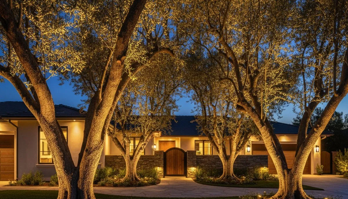 Dramatic tree uplighting by Chop Chop Landscaping in Escondido, CA highlighting evening landscape design