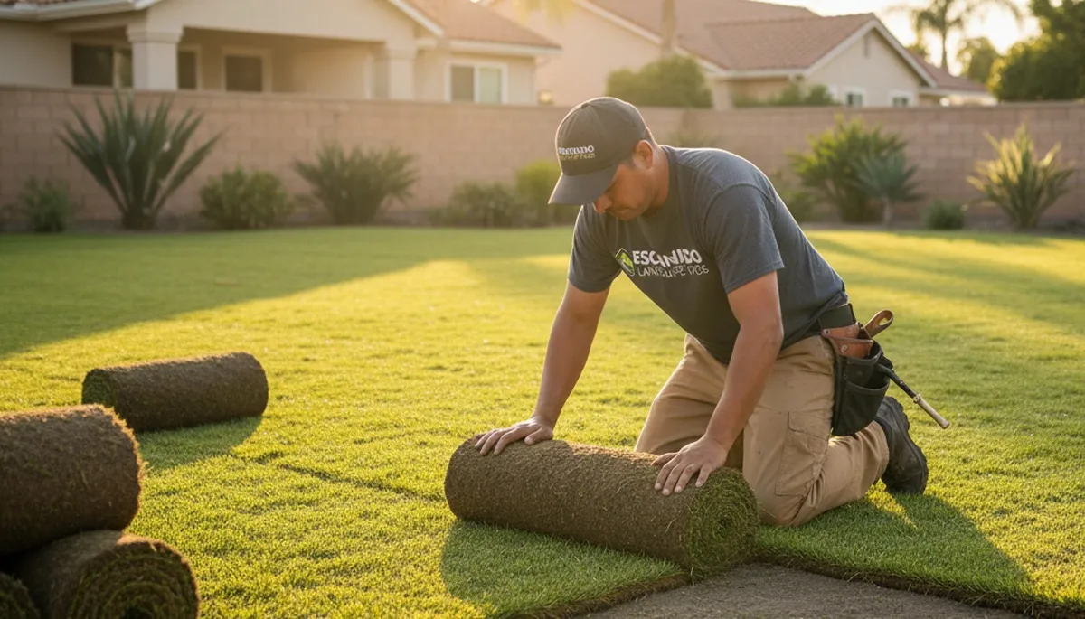 Professional landscaper installing fresh sod with precise technique in Escondido, CA lawn project