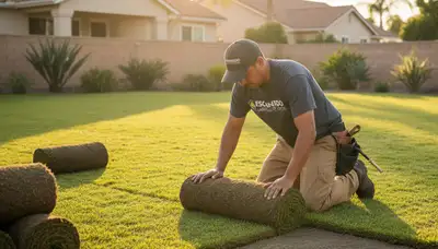 Professional landscaper installing fresh sod with precise technique in Escondido, CA lawn project