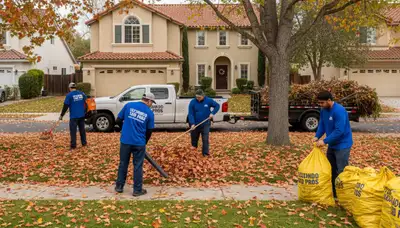 Technicians performing fall leaf cleanup and yard debris removal in Escondido, CA lawn