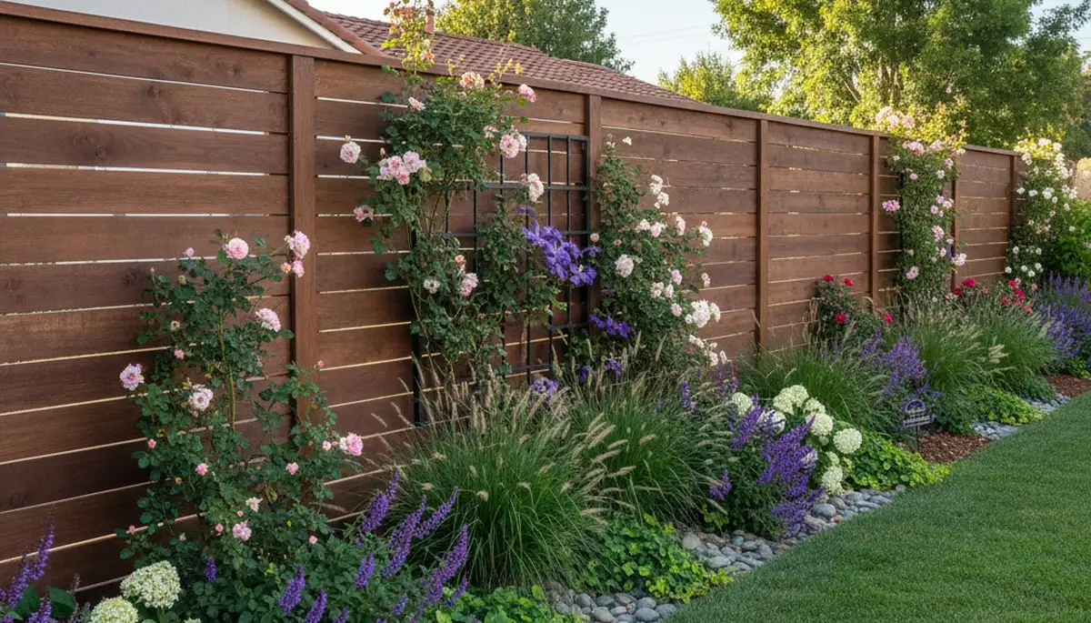 Wood fence with climbing plants and landscape beds by Chop Chop Landscaping in Escondido, CA