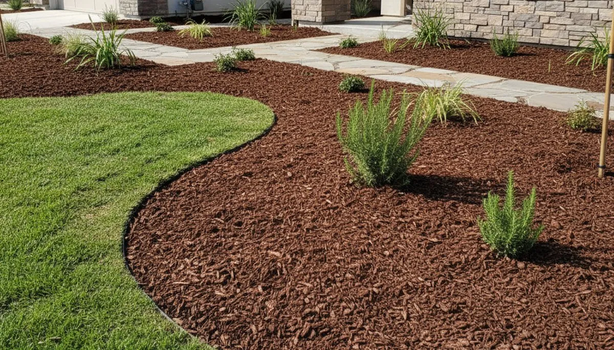 Fresh mulch installation with clean edges and rich color by Chop Chop Landscaping in Escondido, CA