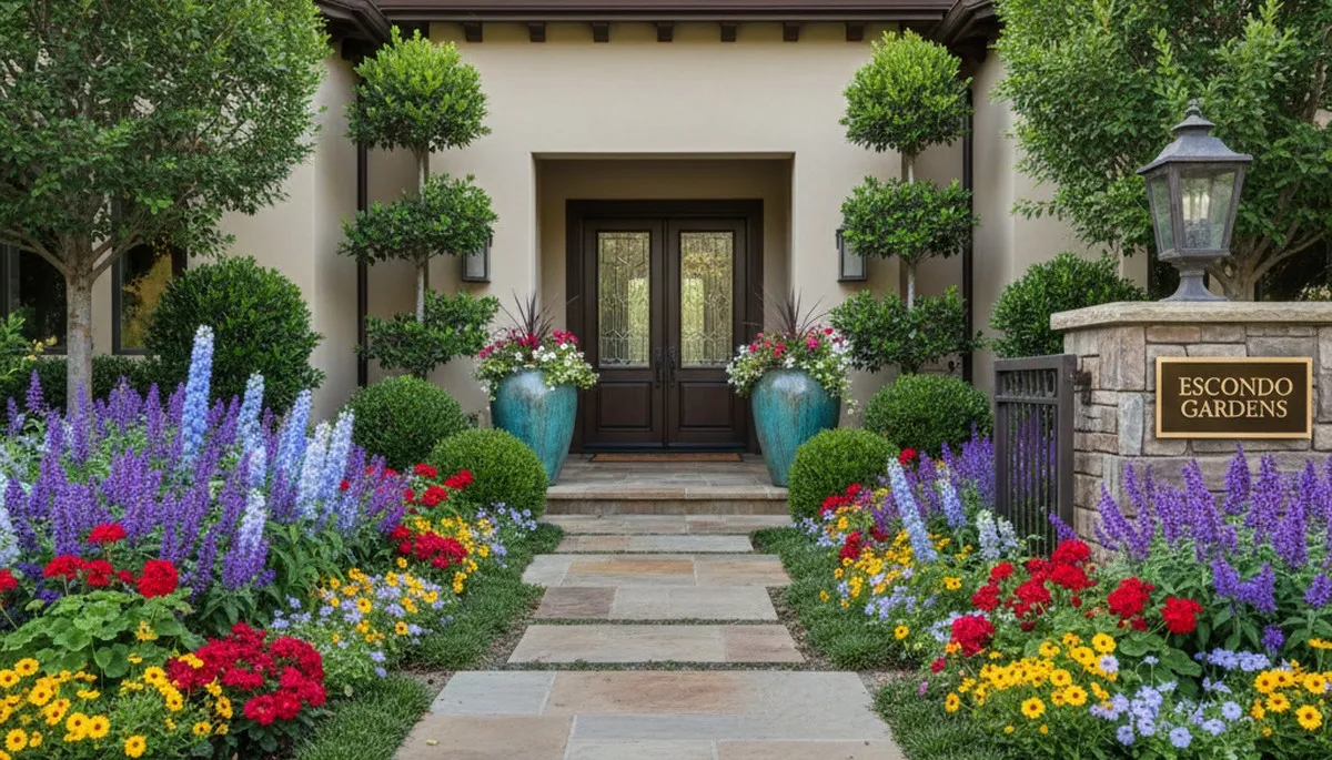 Front yard landscape design with colorful plants and shrubs by pro landscapers in Escondido, CA