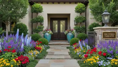 Front yard landscape design with colorful plants and shrubs by pro landscapers in Escondido, CA