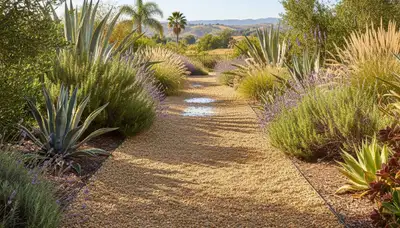 Pea gravel garden pathway with natural plantings by Chop Chop Landscaping in Escondido, CA