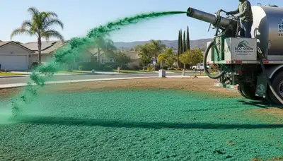 Hydroseeder truck spraying green slurry on new lawn in Escondido, CA by Chop Chop Landscaping