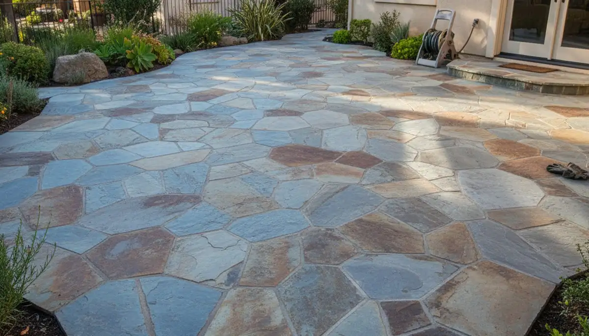 Modern large format stone slab patio installation by Chop Chop Landscaping in Escondido, CA