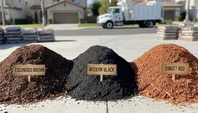 Premium brown, black, and red mulch color display for residential landscaping in Escondido, CA
