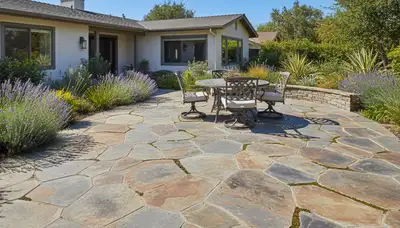 Natural flagstone patio with slate pavers installed by professional landscapers in Escondido, CA