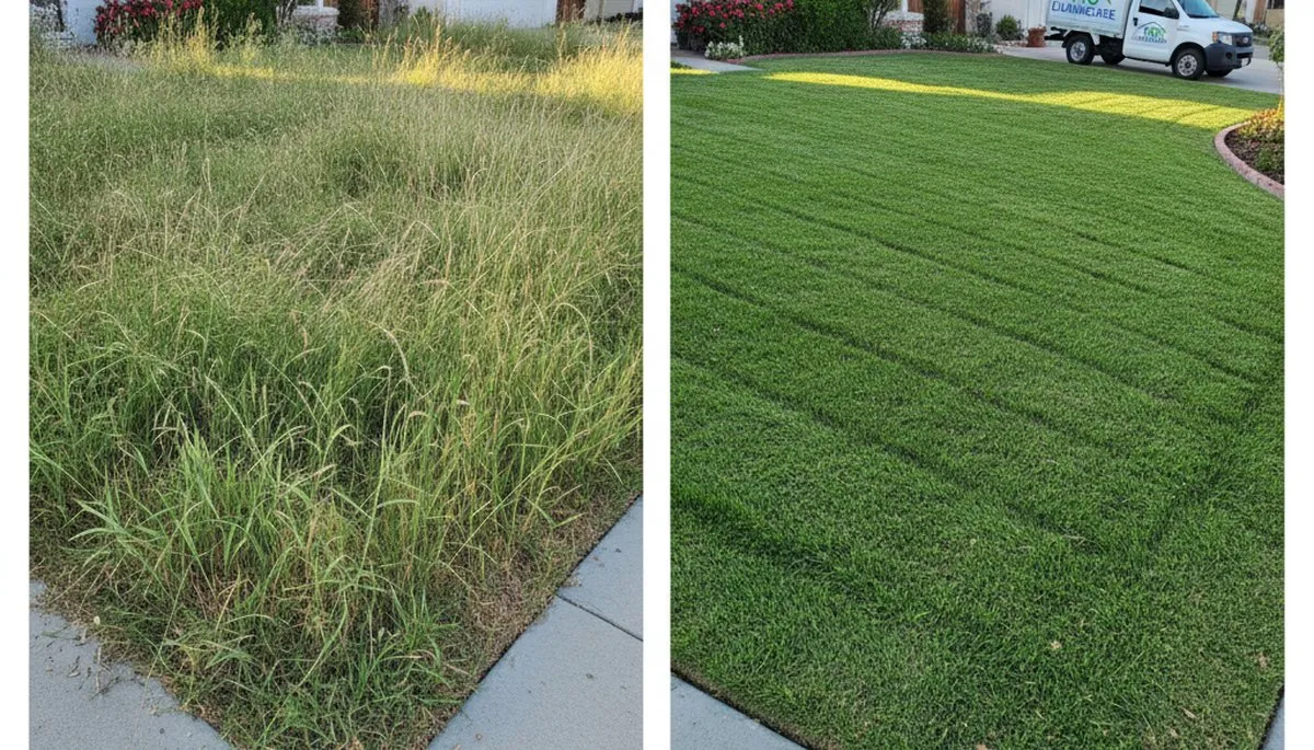 Before and after lawn mowing showing overgrown to manicured yard in Escondido, CA by landscaping experts