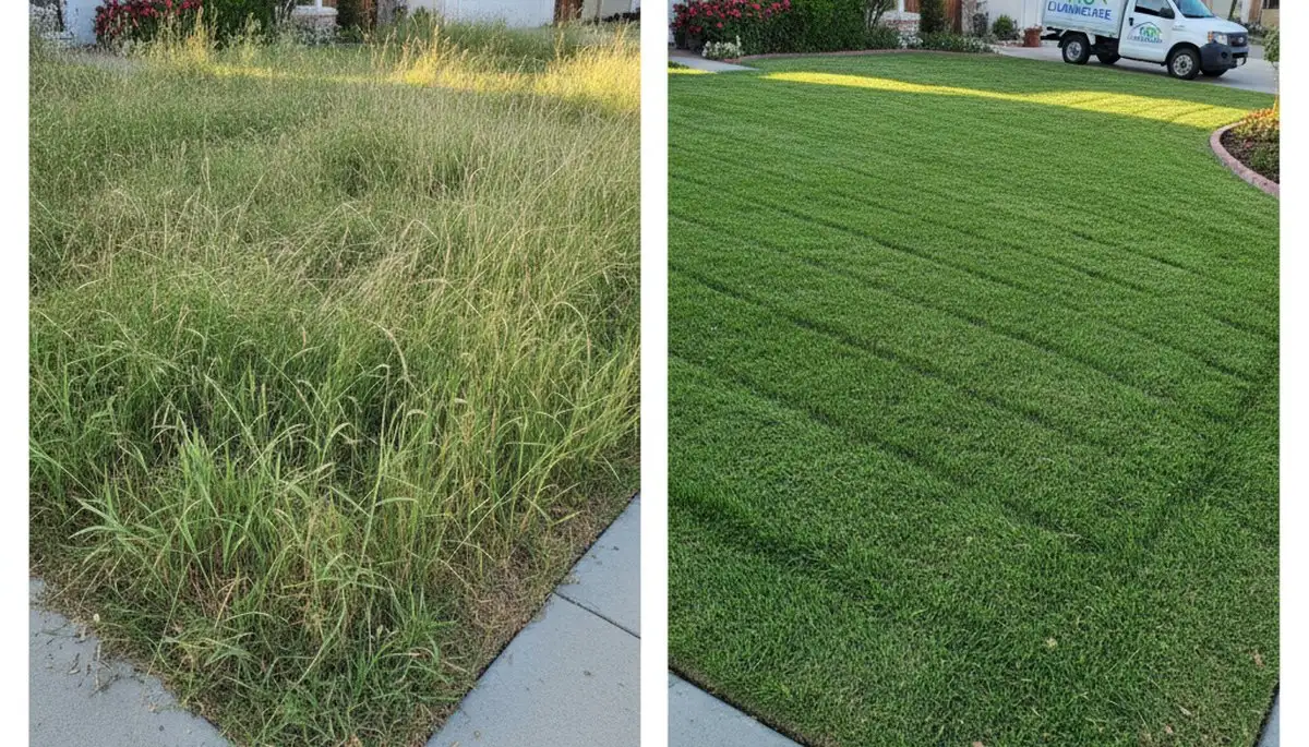 Before and after lawn mowing showing overgrown to manicured yard in Escondido, CA by landscaping experts