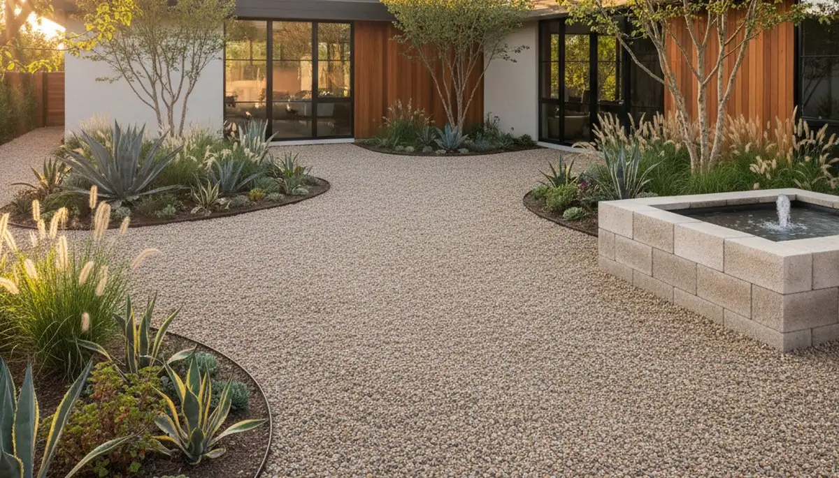 Pea gravel landscaping installation in Escondido, CA for drought-smart pathways and drainage