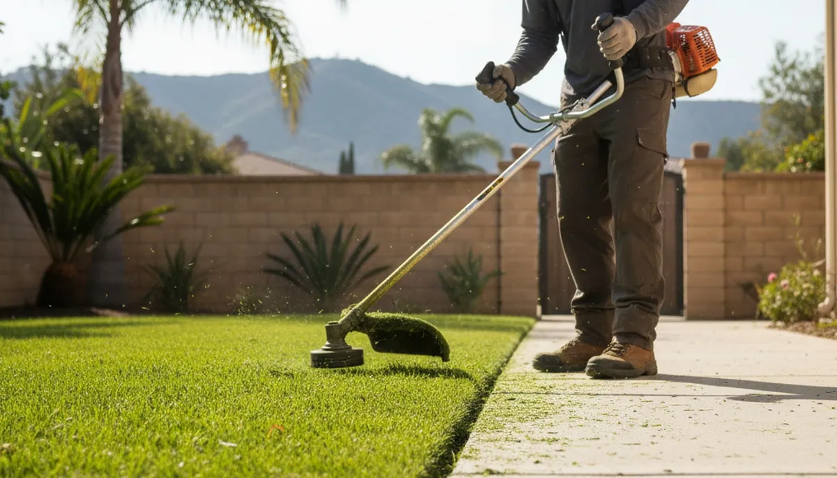 Technician performing precision lawn edge trimming with string trimmer in Escondido, CA