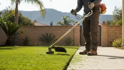 Technician performing precision lawn edge trimming with string trimmer in Escondido, CA