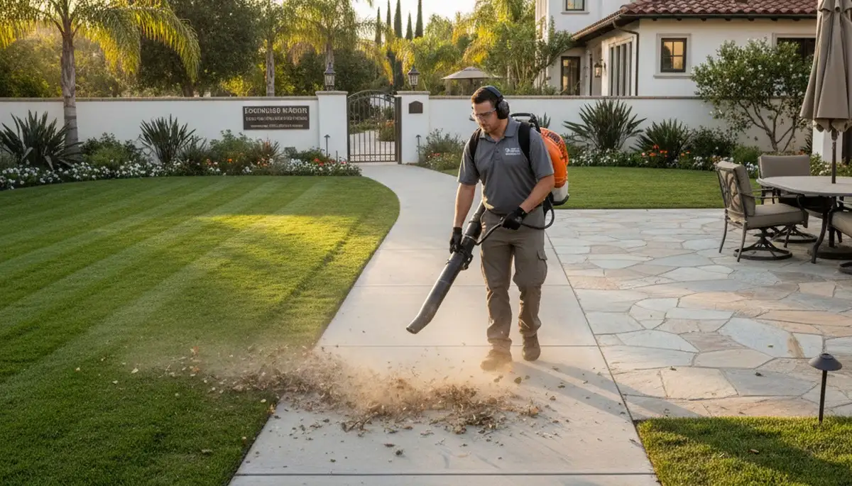 Technician using leaf blower for lawn debris cleanup at Escondido CA home by Chop Chop Landscaping