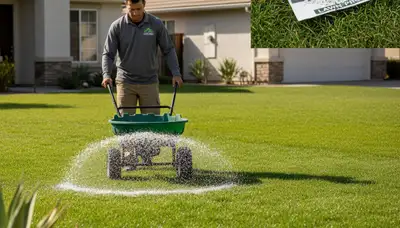 Professional landscaper applying lawn fertilizer with spreader in Escondido, CA for healthy green turf