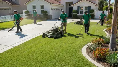 Professional lawn care crew mowing and edging residential yard in Escondido, CA