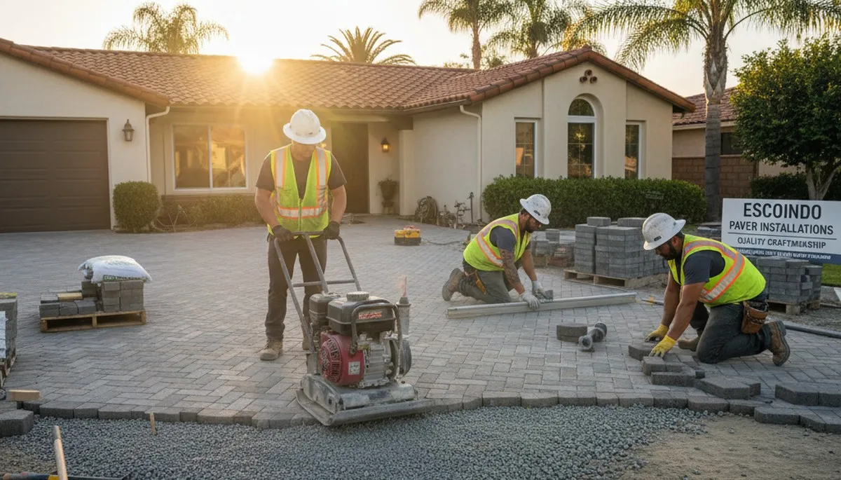 Professional crew installing driveway pavers in Escondido, CA for Chop Chop Landscaping