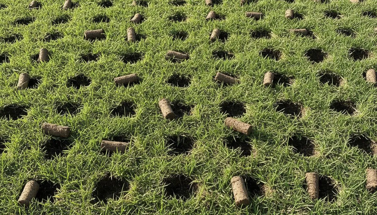 Close-up of soil core plugs from professional lawn aeration in Escondido, CA by Chop Chop Landscaping
