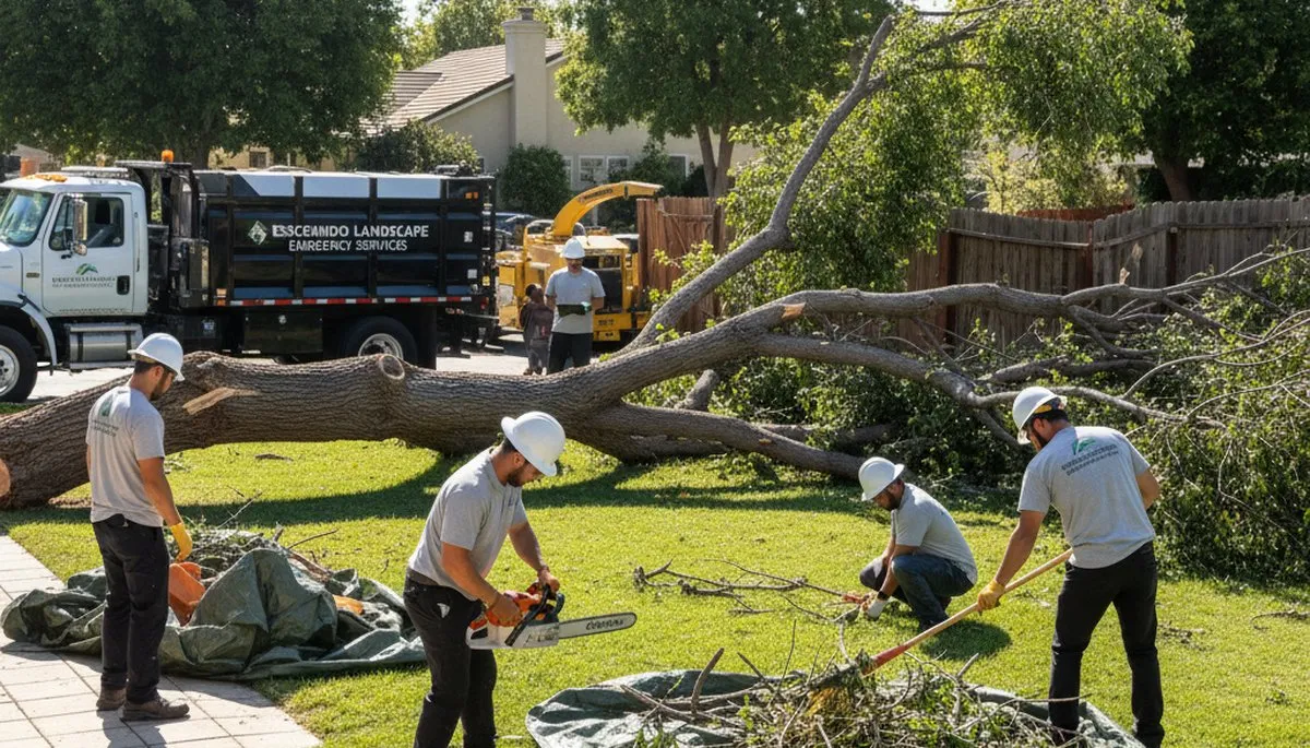 Storm damage debris cleanup by landscaping crew in Escondido, CA clearing fallen branches and yard waste