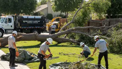 Storm damage debris cleanup by landscaping crew in Escondido, CA clearing fallen branches and yard waste